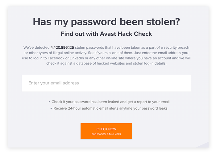 Avast HackCheck是一个快速且免费的资源,用于检查你的信息是否泄露。